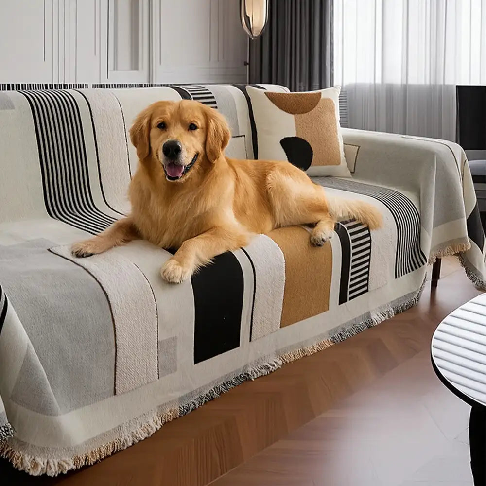 Stripe chenille couch cover protecting a sofa from scratches, pet-friendly home decor.