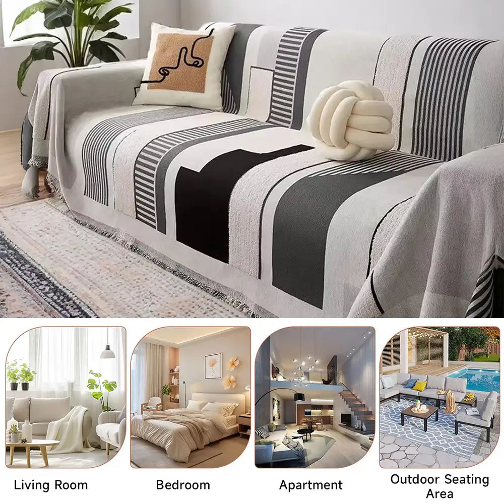 Scratch-resistant stripe chenille couch cover, ideal for homes with pets and active families.