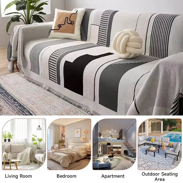 Scratch-resistant stripe chenille couch cover, ideal for homes with pets and active families.