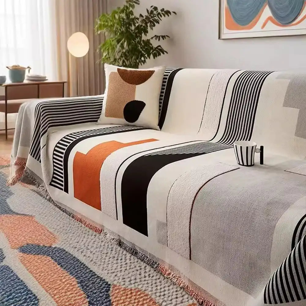 Close-up of stripe chenille fabric, highlighting scratch-resistant texture for pet owners.