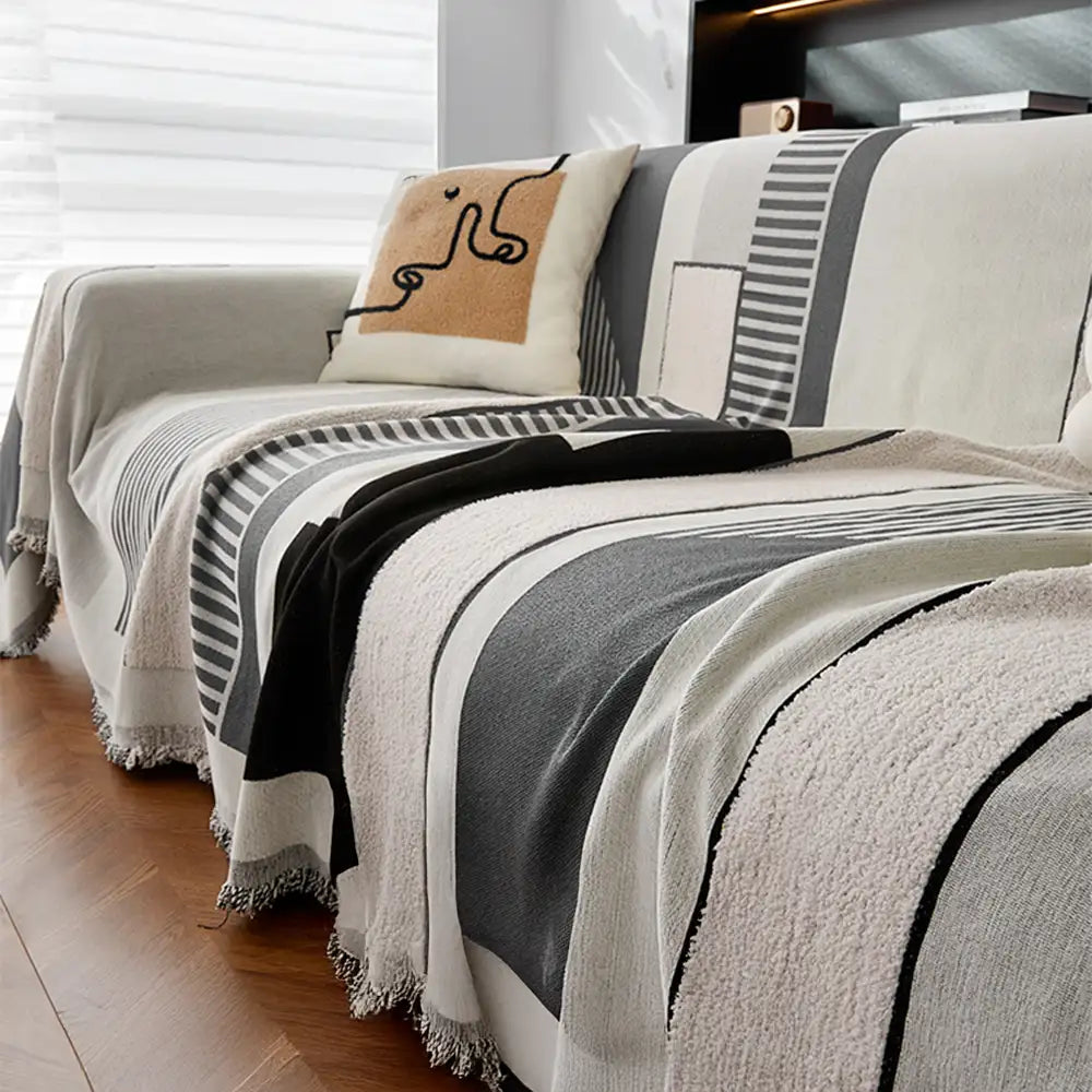 Pet-friendly stripe chenille couch cover, showing full coverage and multi-functional design.