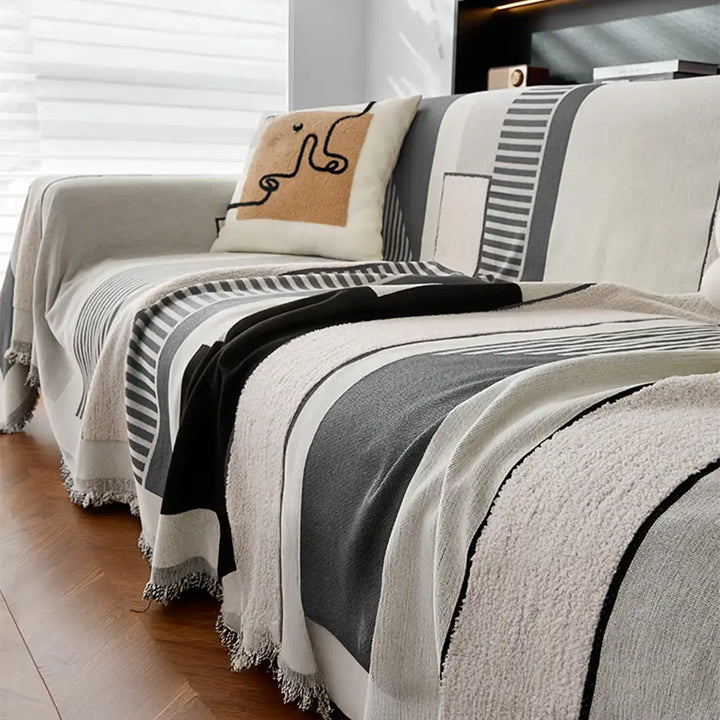 Pet-friendly stripe chenille couch cover, showing full coverage and multi-functional design.