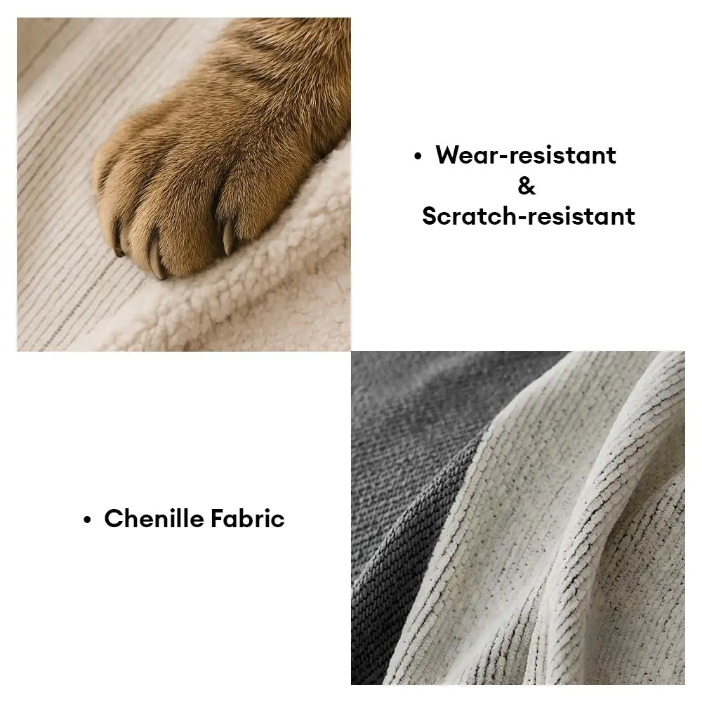 Beige and white stripe chenille sofa protector, durable and pet-friendly home decor.