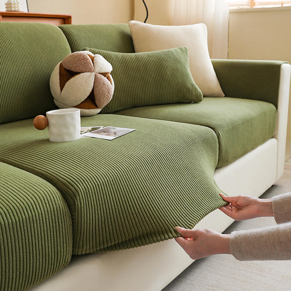 Stripe corduroy anti-scratch stretch couch cover in a living room setting, pet friendly protection