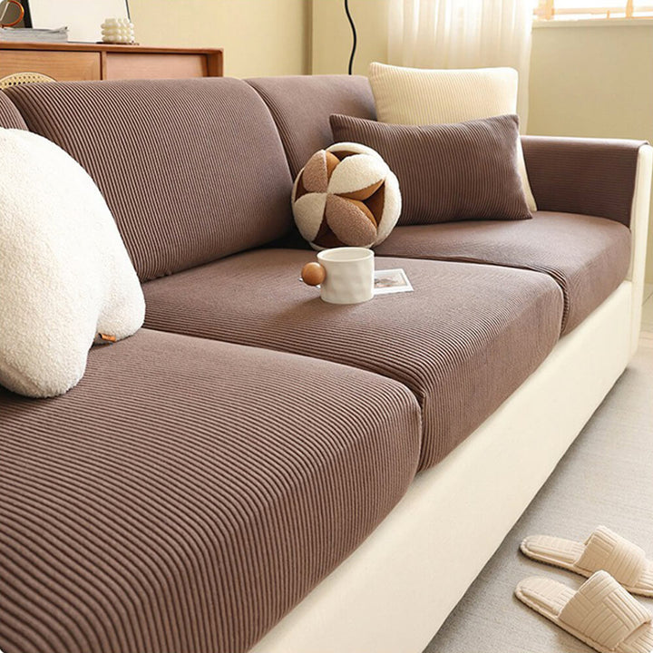 Easy clean stripe corduroy stretch sofa cover, perfect for active households and pet owners