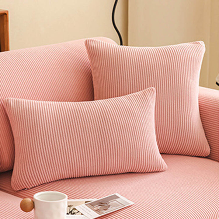 Packaging of the stripe corduroy anti-scratch stretch couch cover, highlighting key features