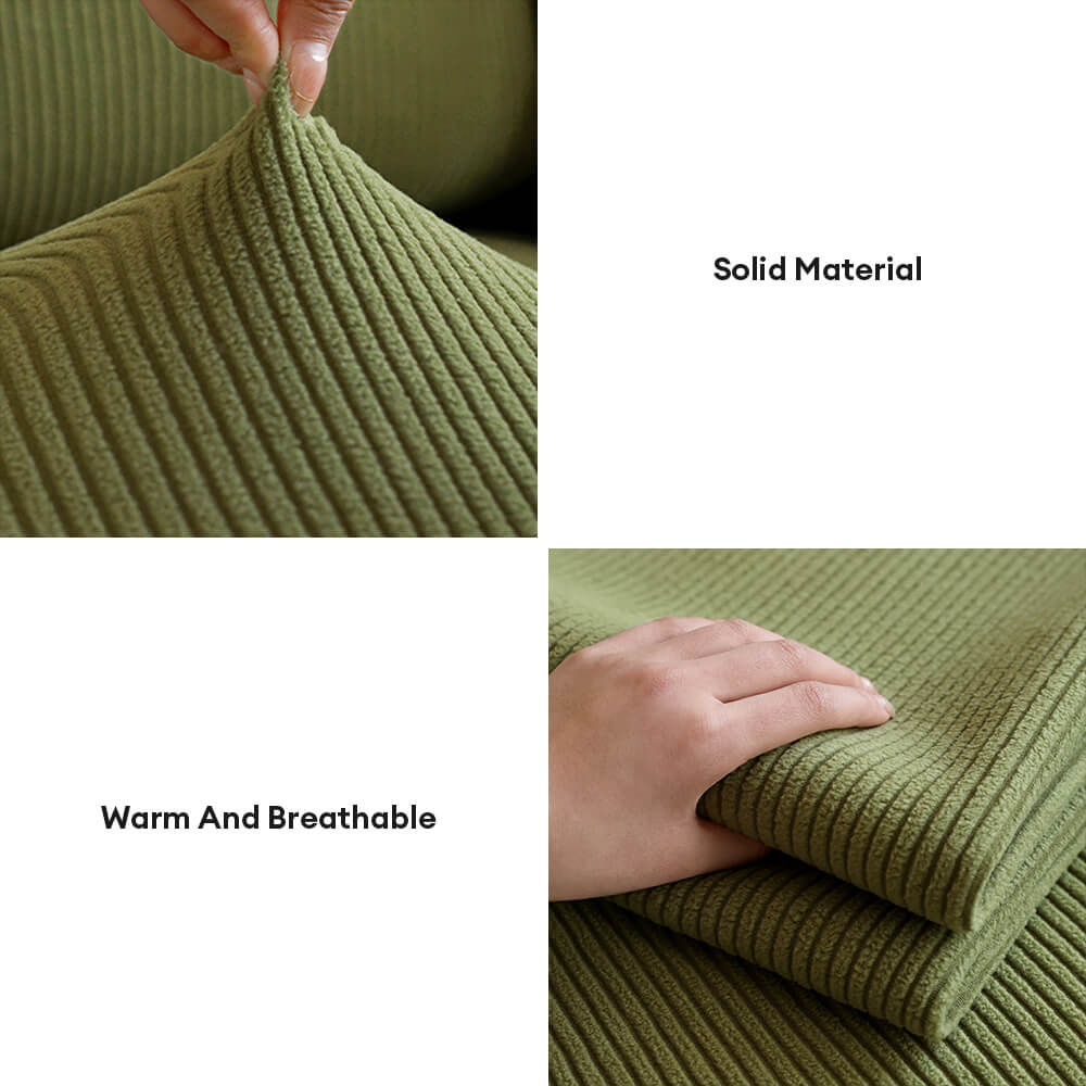 Angled view of a stripe corduroy stretch couch cover, enhancing living room aesthetics, easy clean