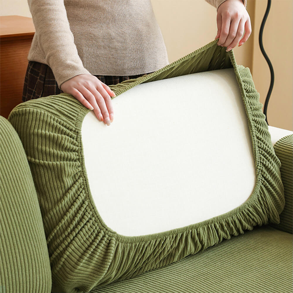 Stripe corduroy couch cover in a modern living room, offering full coverage and pet-friendly design