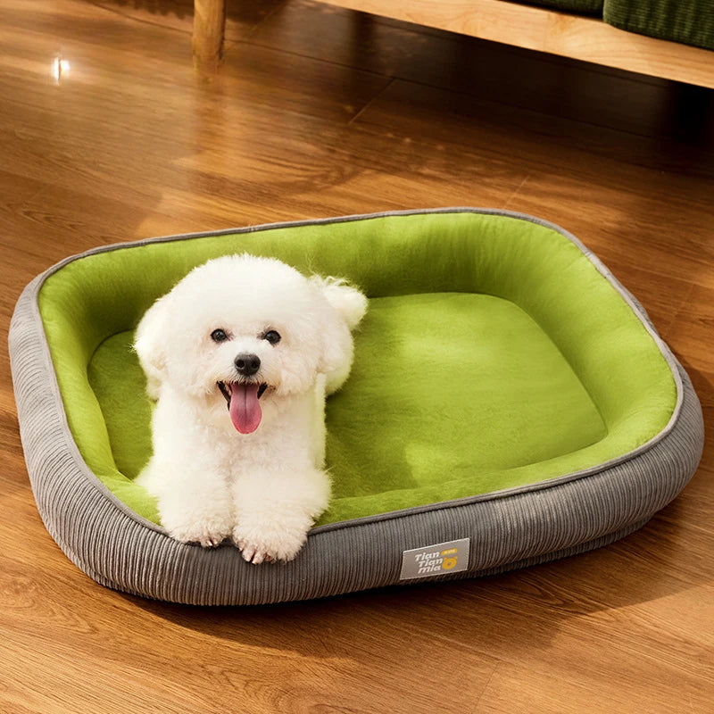 Striped all-season dog bed with detachable washable cotton cover for pet comfort
