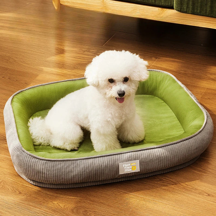 Supportive bolster pet bed with soft striped fabric and removable cover for easy cleaning