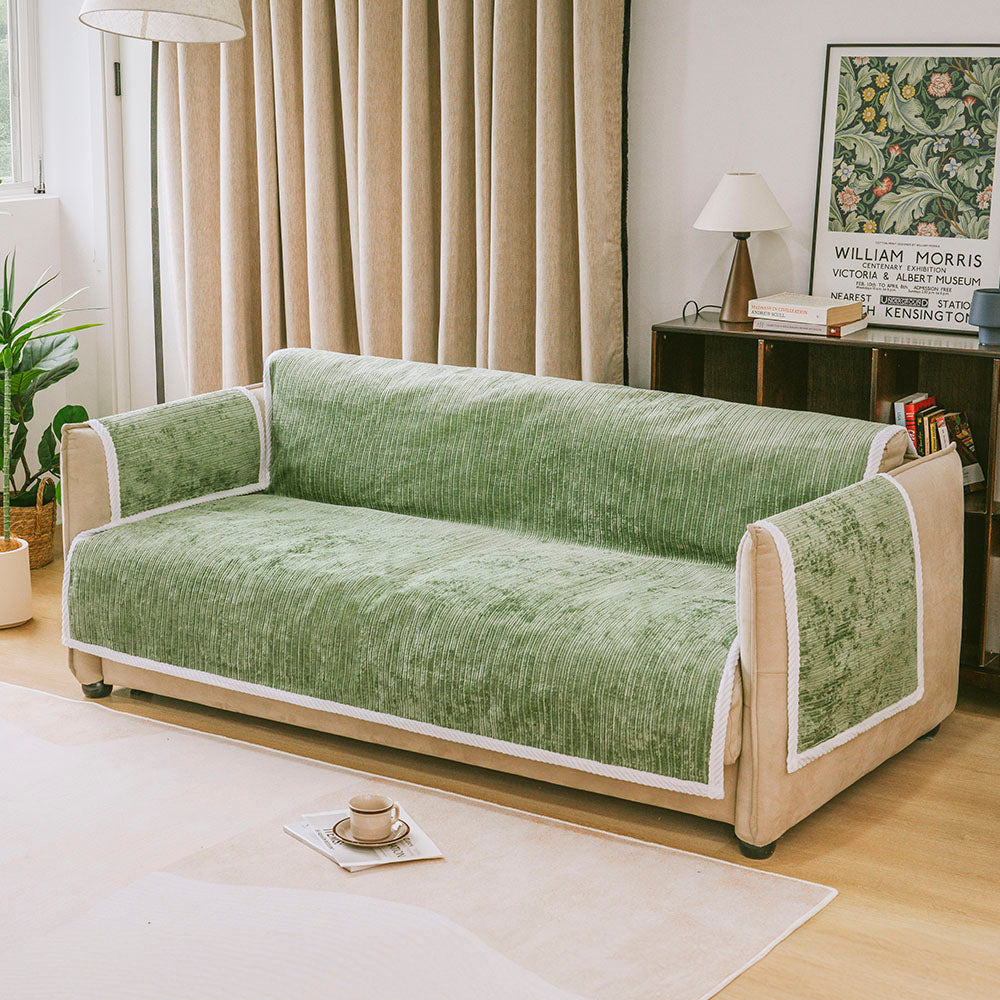 Striped chenille pet couch cover with armrest, protecting furniture from pet claws; pet-friendly sofa slipcover.