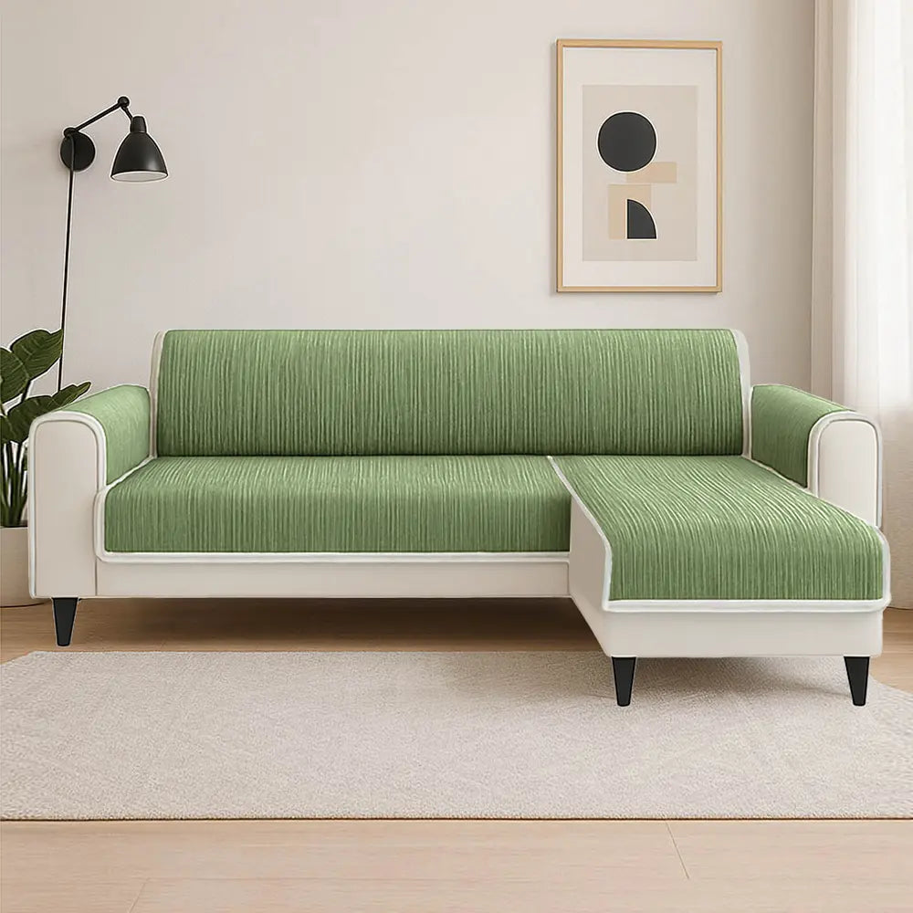 Striped pet couch cover in a living room setting, blending with home decor while protecting furniture.
