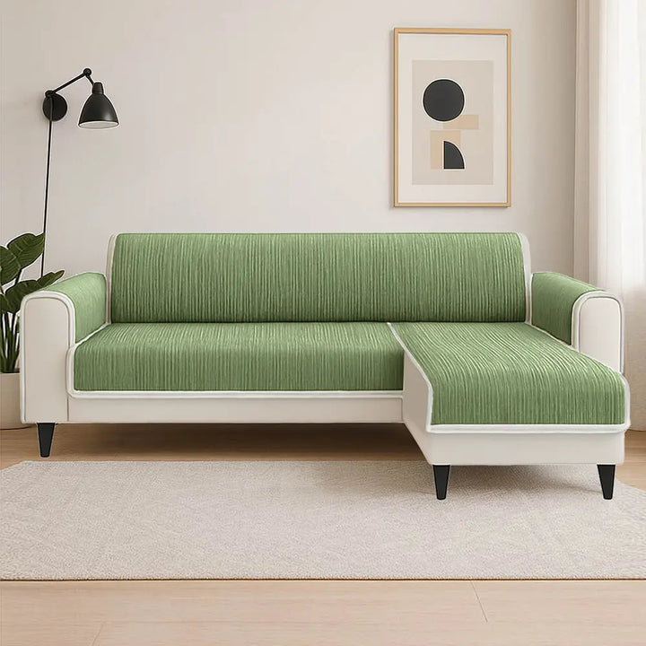 Striped pet couch cover in a living room setting, blending with home decor while protecting furniture.