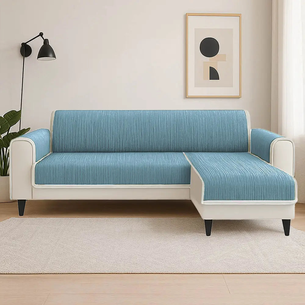 Folded striped chenille pet couch cover, showcasing material quality and ready for installation.