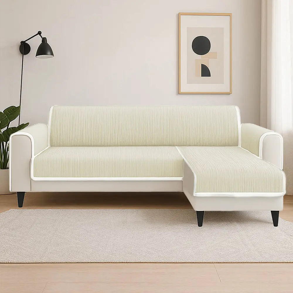 Striped chenille sofa protector for pets, featuring a stylish design and robust furniture defense.