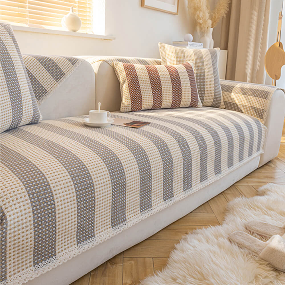 Striped cotton linen sofa cover, anti-scratch furniture protector for couches, pet-friendly home decor.