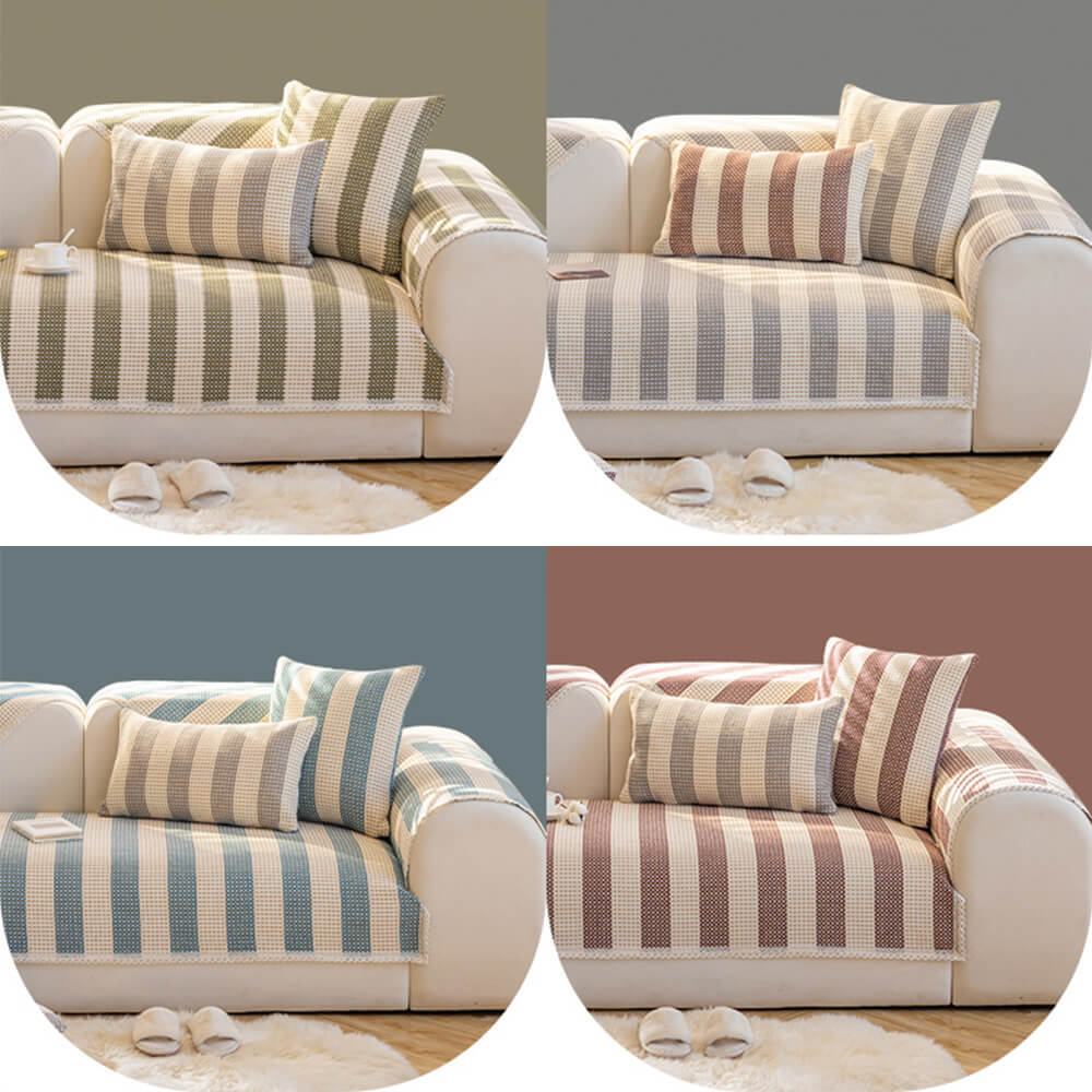 Striped cotton linen furniture protector, ideal for pet-friendly homes, machine washable couch cover.