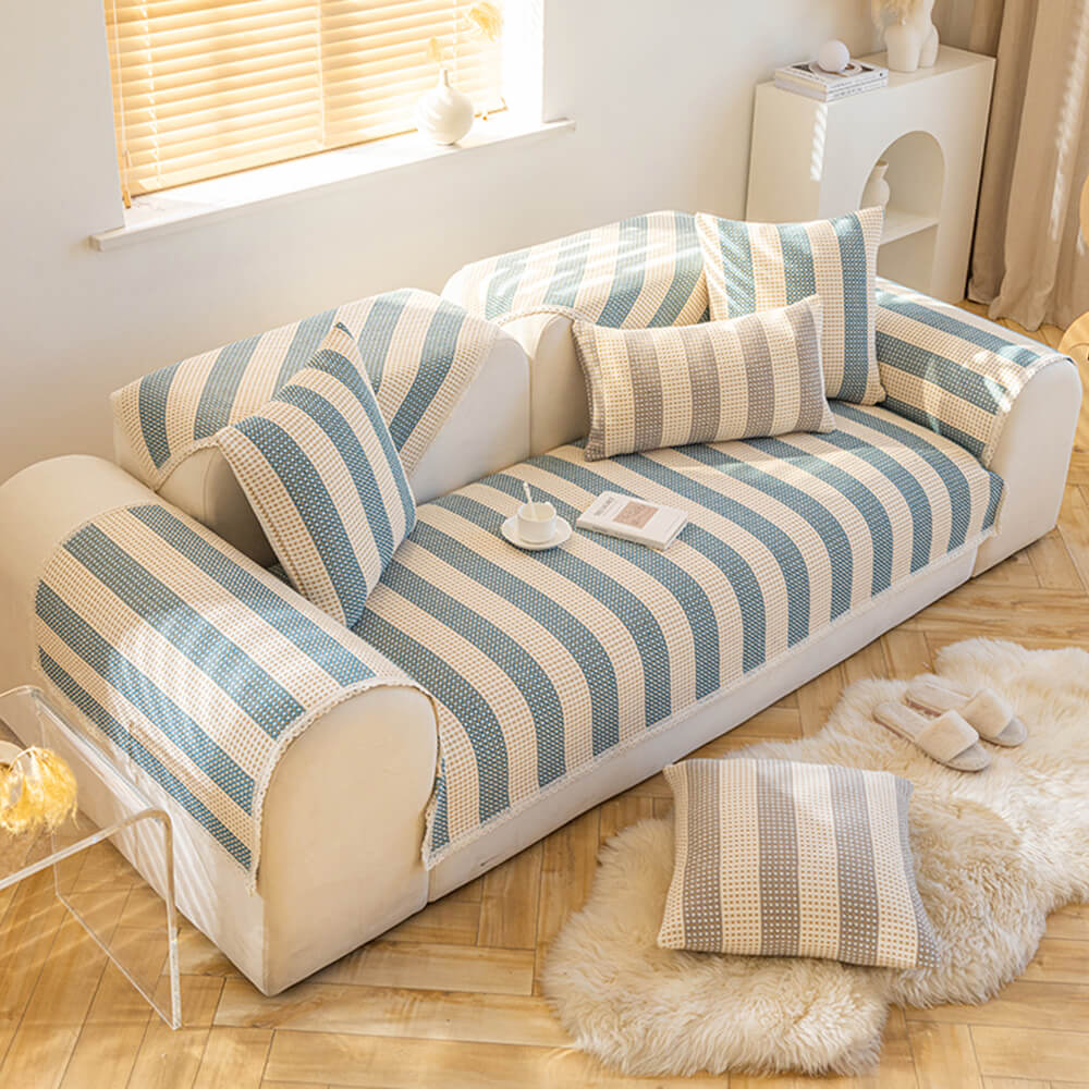 Elegant striped cotton linen sofa cover, providing anti-scratch protection and stylish home decor.