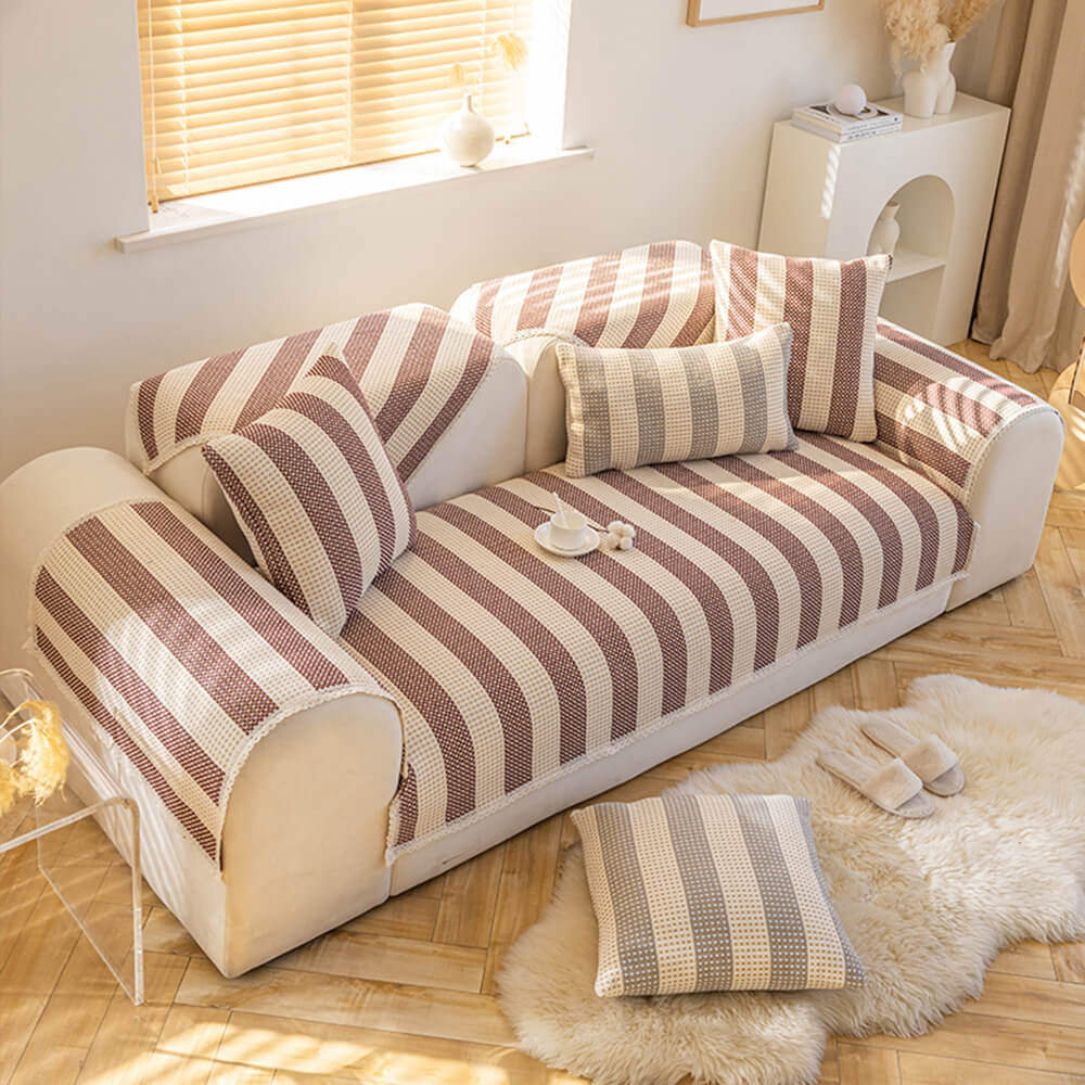 Textured striped cotton linen couch cover, a durable anti-scratch furniture protector solution.