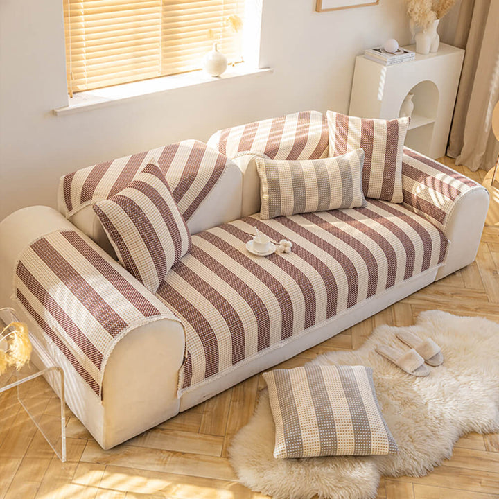Textured striped cotton linen couch cover, a durable anti-scratch furniture protector solution.