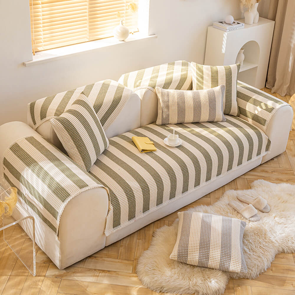 Striped cotton linen sofa throw, versatile anti-scratch furniture protection for any couch.