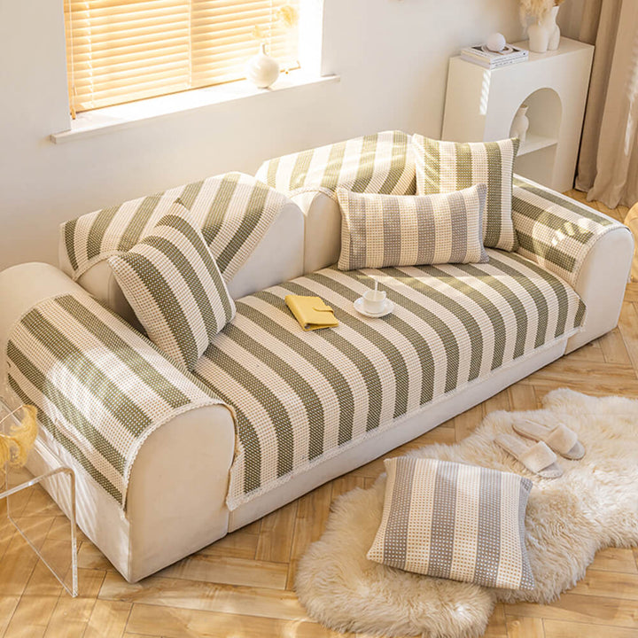 Striped cotton linen sofa throw, versatile anti-scratch furniture protection for any couch.