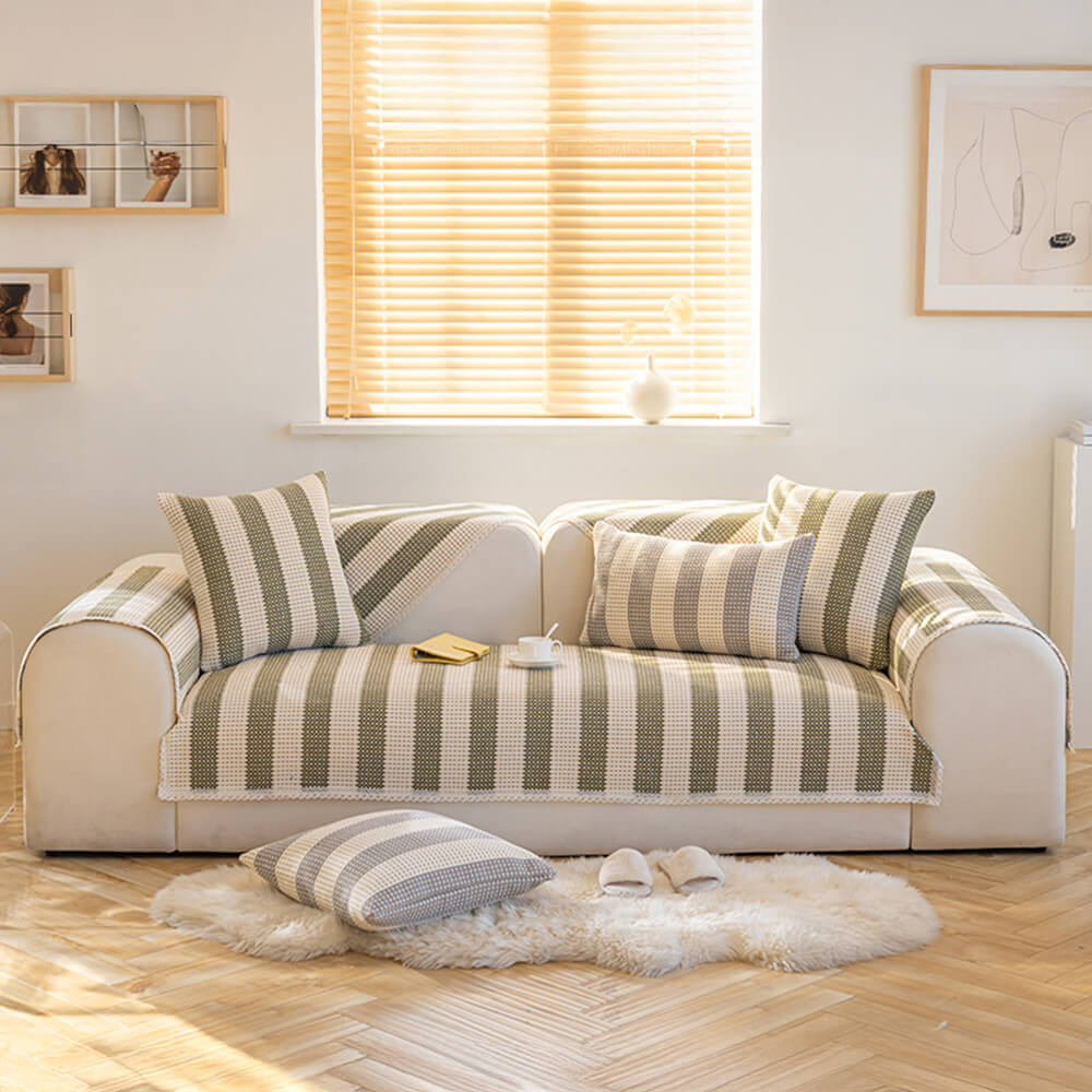 Machine washable striped cotton linen anti-scratch sofa protector, perfect for busy households.