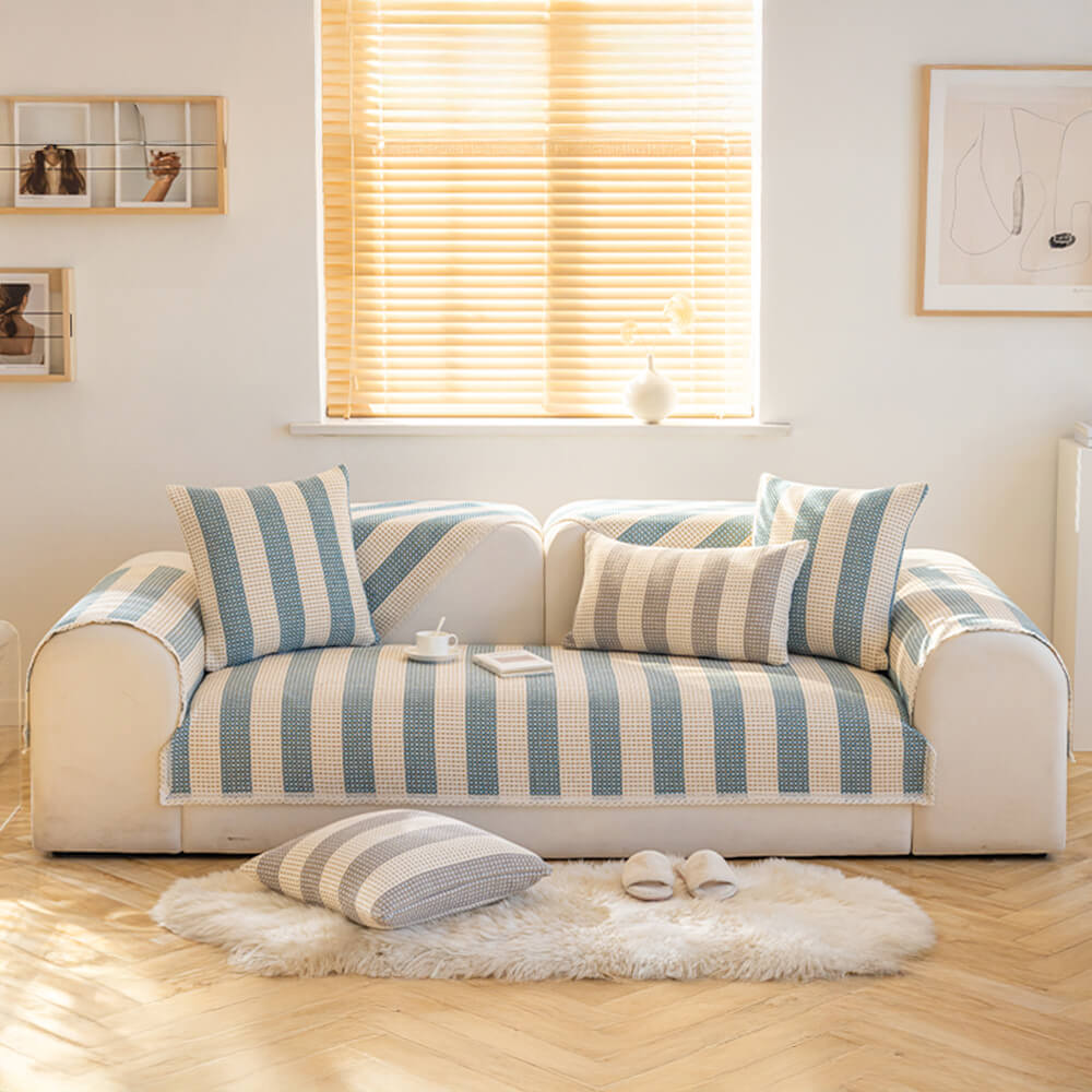 Breathable striped cotton linen sofa cover, a comfortable anti-scratch furniture protector.