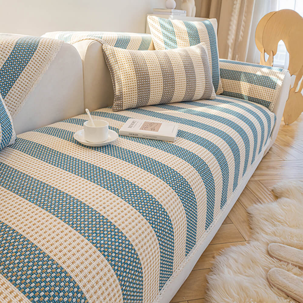 Beige striped cotton linen sofa cover, durable anti-scratch furniture protector, machine washable.