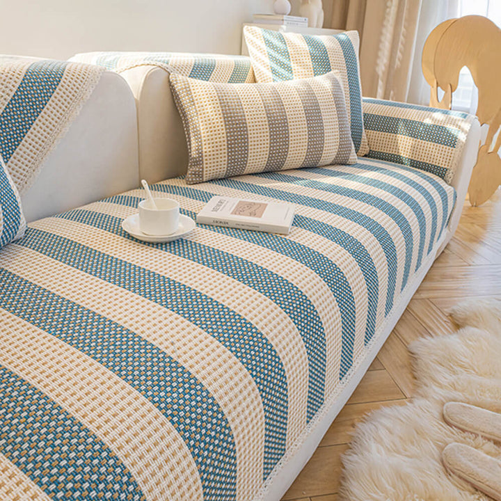 Beige striped cotton linen sofa cover, durable anti-scratch furniture protector, machine washable.