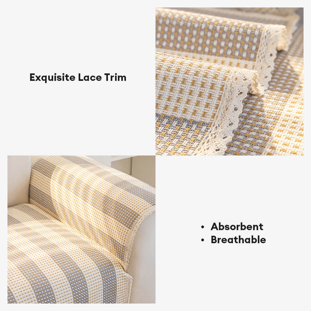 Corner detail of striped cotton linen sofa cover, highlighting anti-scratch and furniture protection.