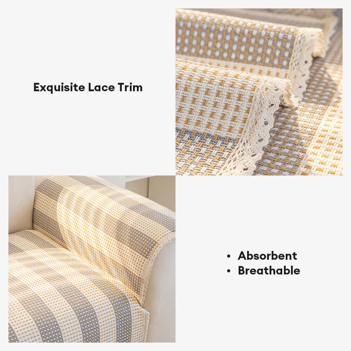 Corner detail of striped cotton linen sofa cover, highlighting anti-scratch and furniture protection.