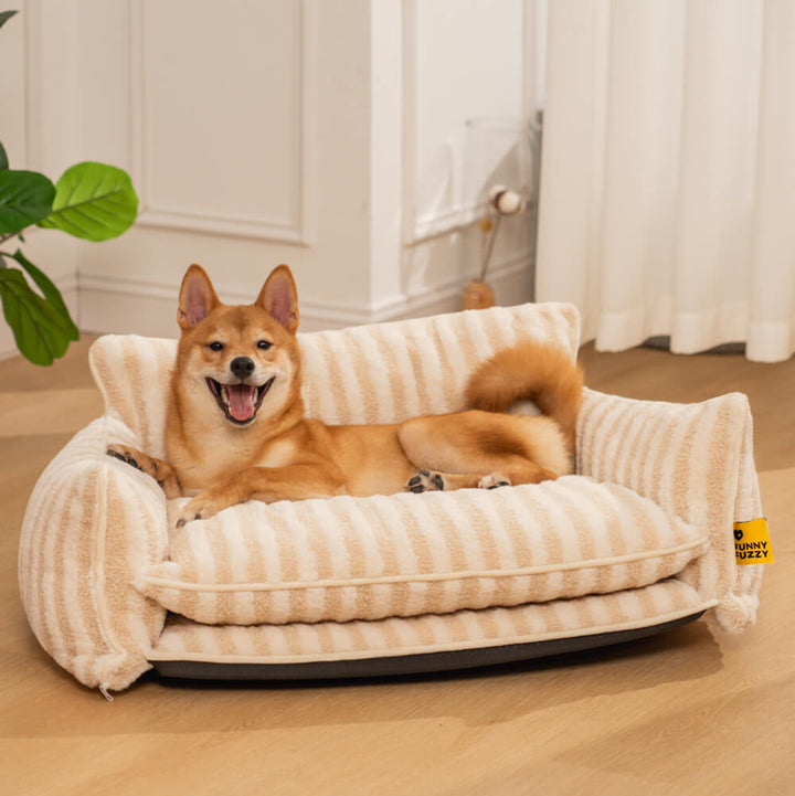 Striped faux lambswool pet bed cover, protective and washable replacement for dog & cat sofa beds