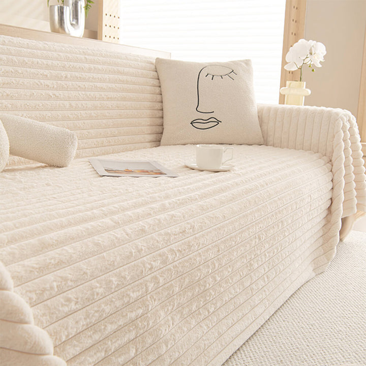 Striped faux rabbit fur multi-functional couch cover, soft plush home decor for living room