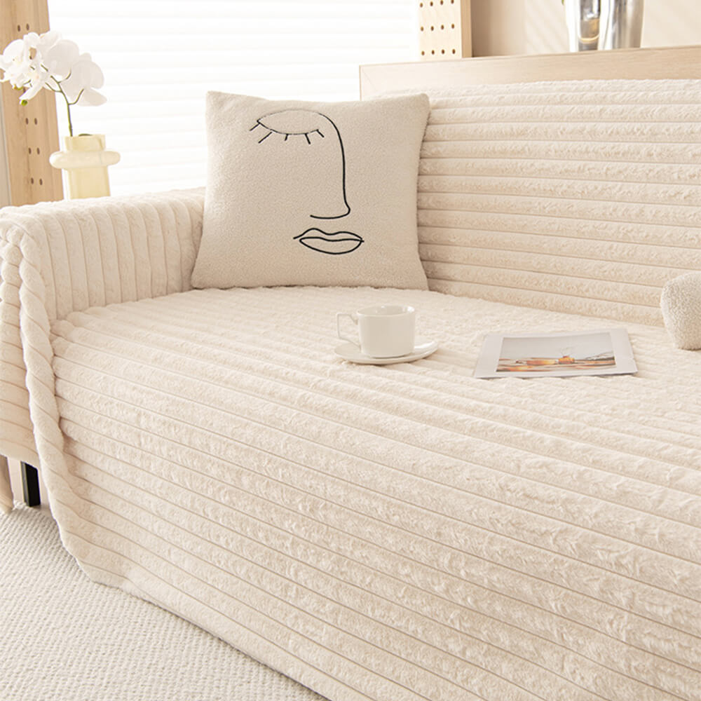 Luxurious striped faux rabbit fur sofa cover, multi-functional decor for living room