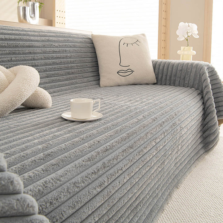 Soft striped faux fur couch protector, comfortable and stylish living room decor