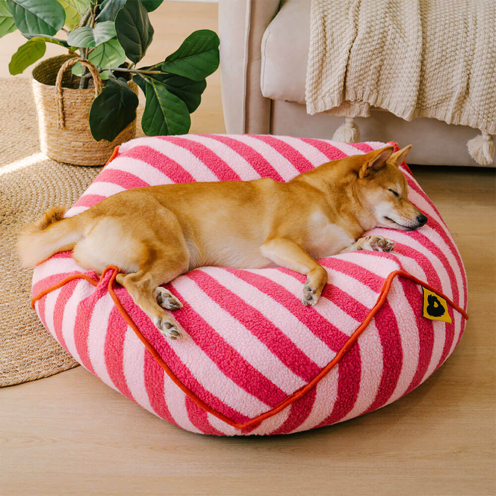 Modern striped polygonal dog bed, cozy pet furniture for anxious dogs, easy care.