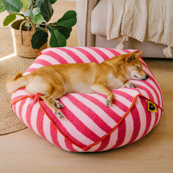 Modern striped polygonal dog bed, cozy pet furniture for anxious dogs, easy care.