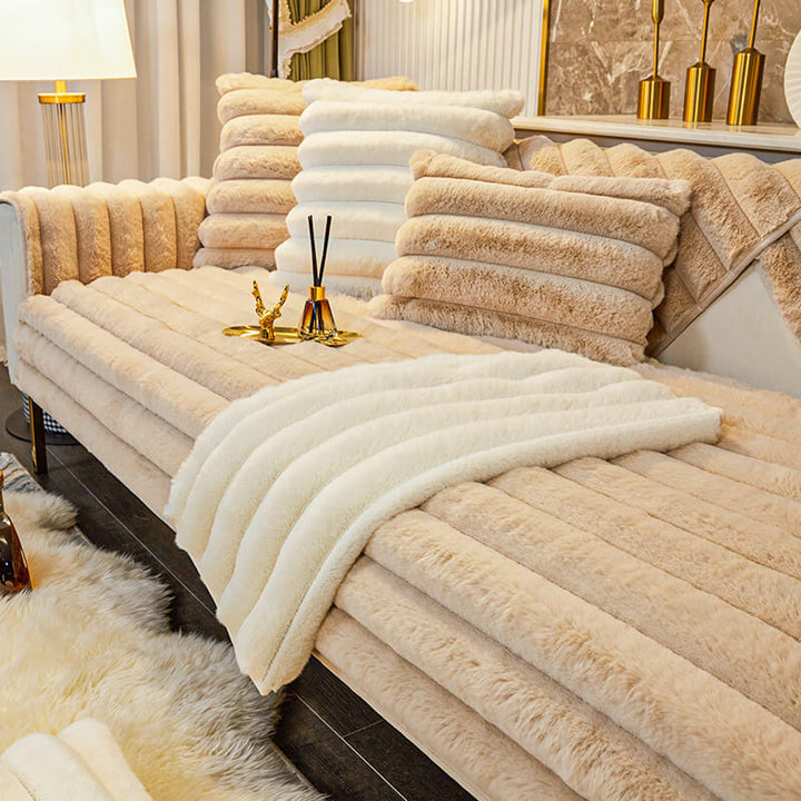 Striped thickened plush non-slip couch cover in a cozy living room setting, protecting sofa.