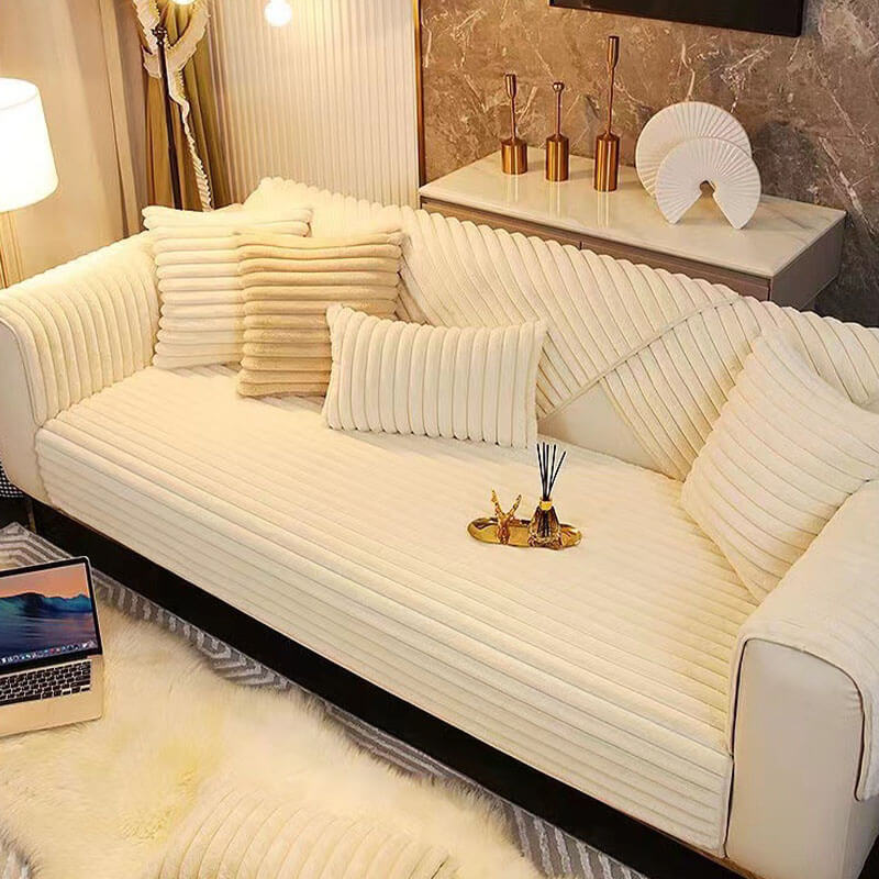 Stylish striped couch cover made of thickened plush material, offering comfort and sofa protection.