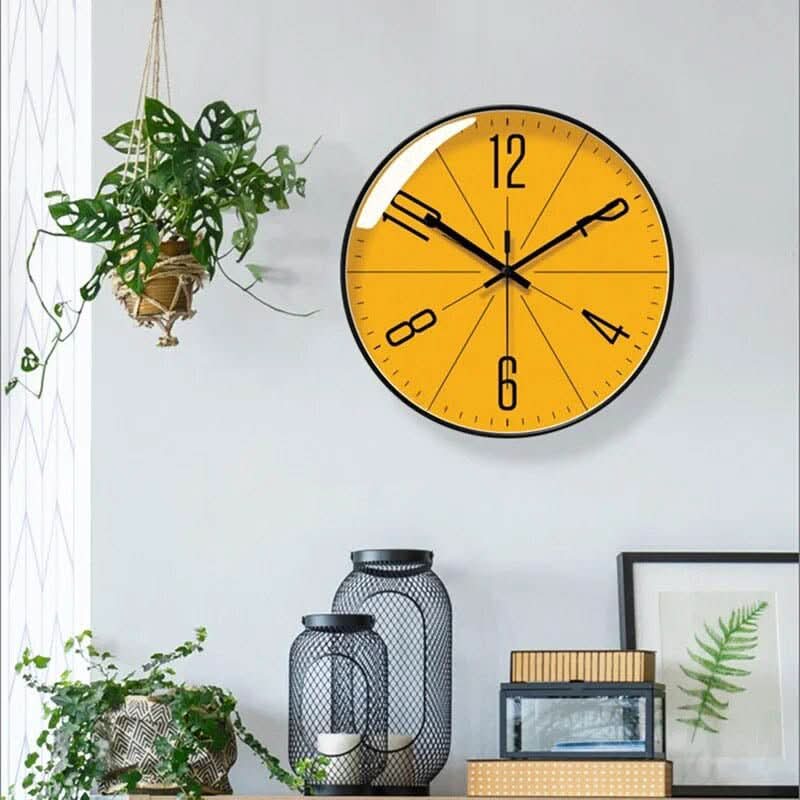 Silent black Nordic wall clock with quartz movement, sleek contemporary design for living room decor.