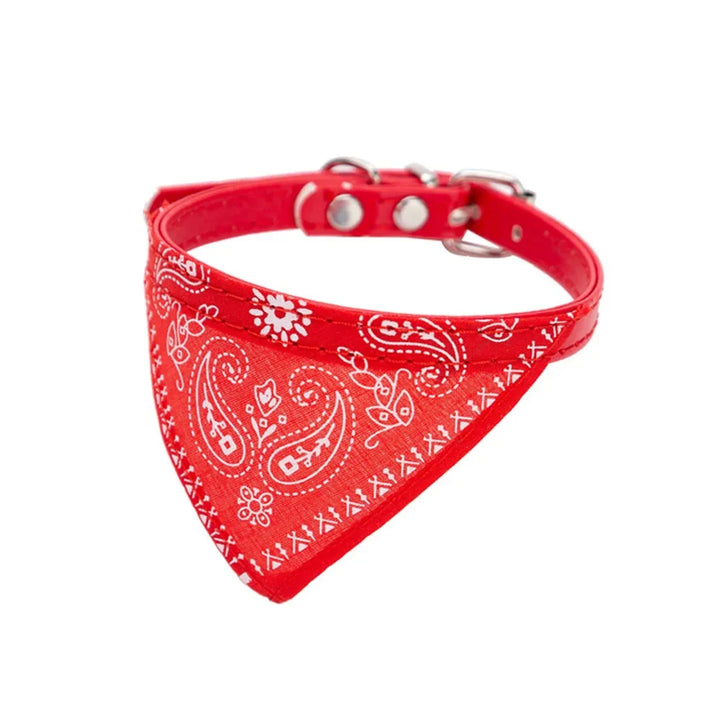 Stylish cat bandana collar with adjustable strap, perfect for pets. Features soft polyester & durable PU leather.