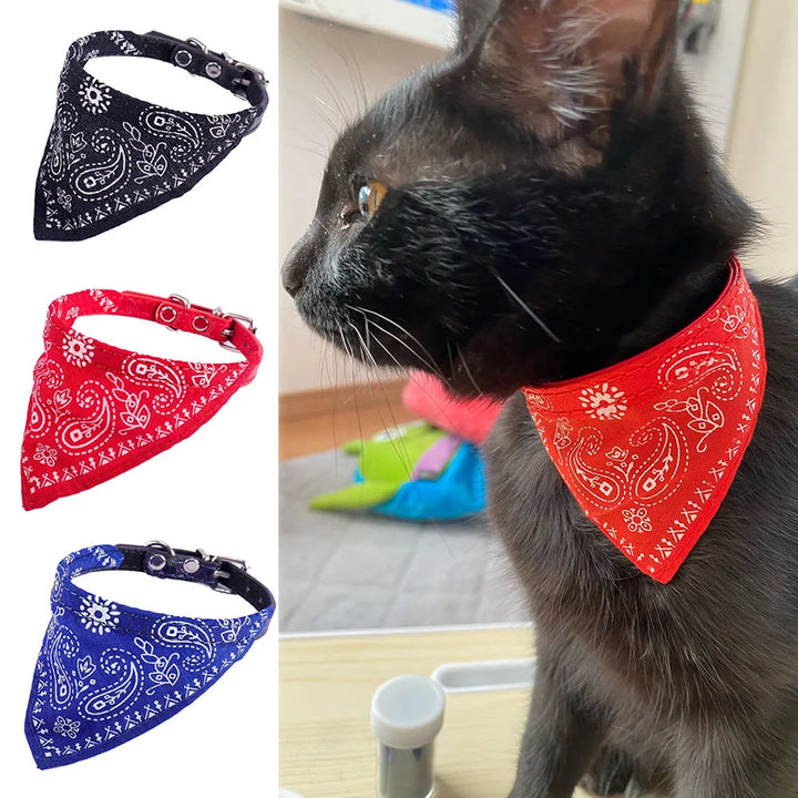 Adjustable cat bandana collar made from soft polyester and PU leather, ensuring a comfortable fit for cats.