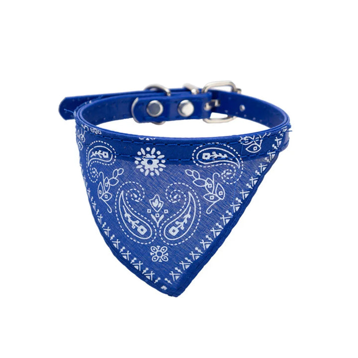 Cute cat bandana collar, crafted from soft polyester fabric & durable PU leather, an adjustable pet accessory.
