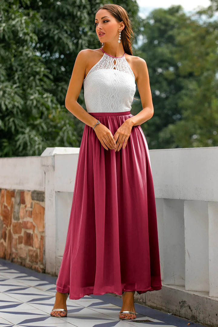 Sophisticated women's halter maxi wedding guest dress, embodying elegant style for special occasions.