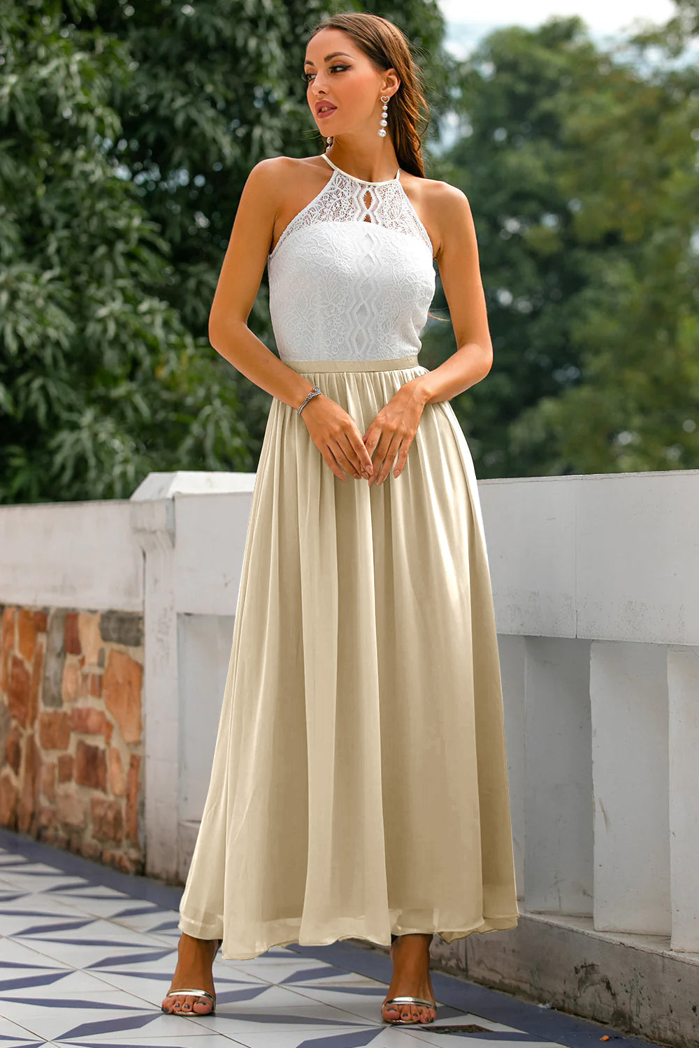 Versatile women's long halter dress, suitable as a wedding guest dress, evening gown, or formal attire.