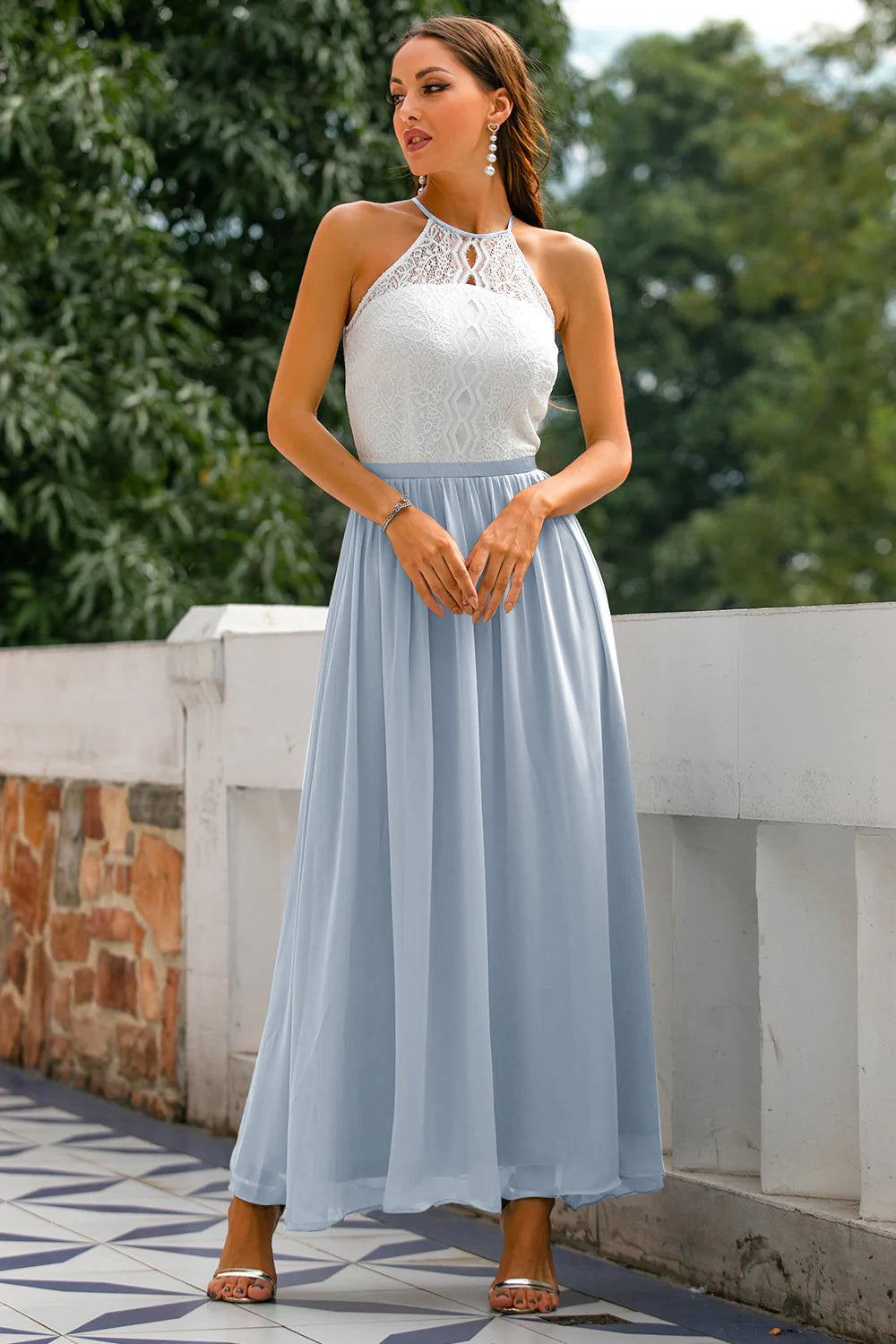 Flattering women's halter maxi dress, an elegant formal gown designed for wedding guests & special events.