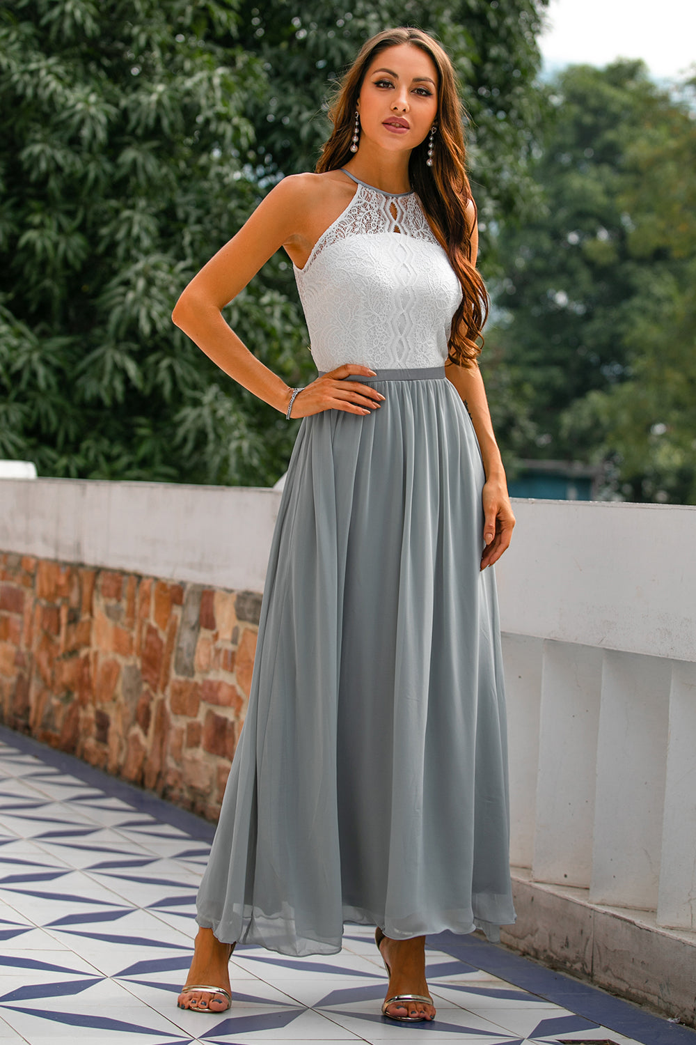 Graceful flowy women's halter maxi dress, a chic choice for any special occasion or wedding.