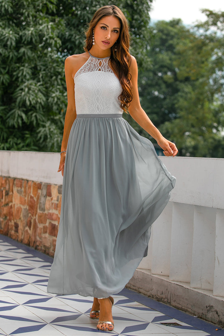 Elegant women's halter wedding guest maxi dress. Perfect for special occasions & formal events.