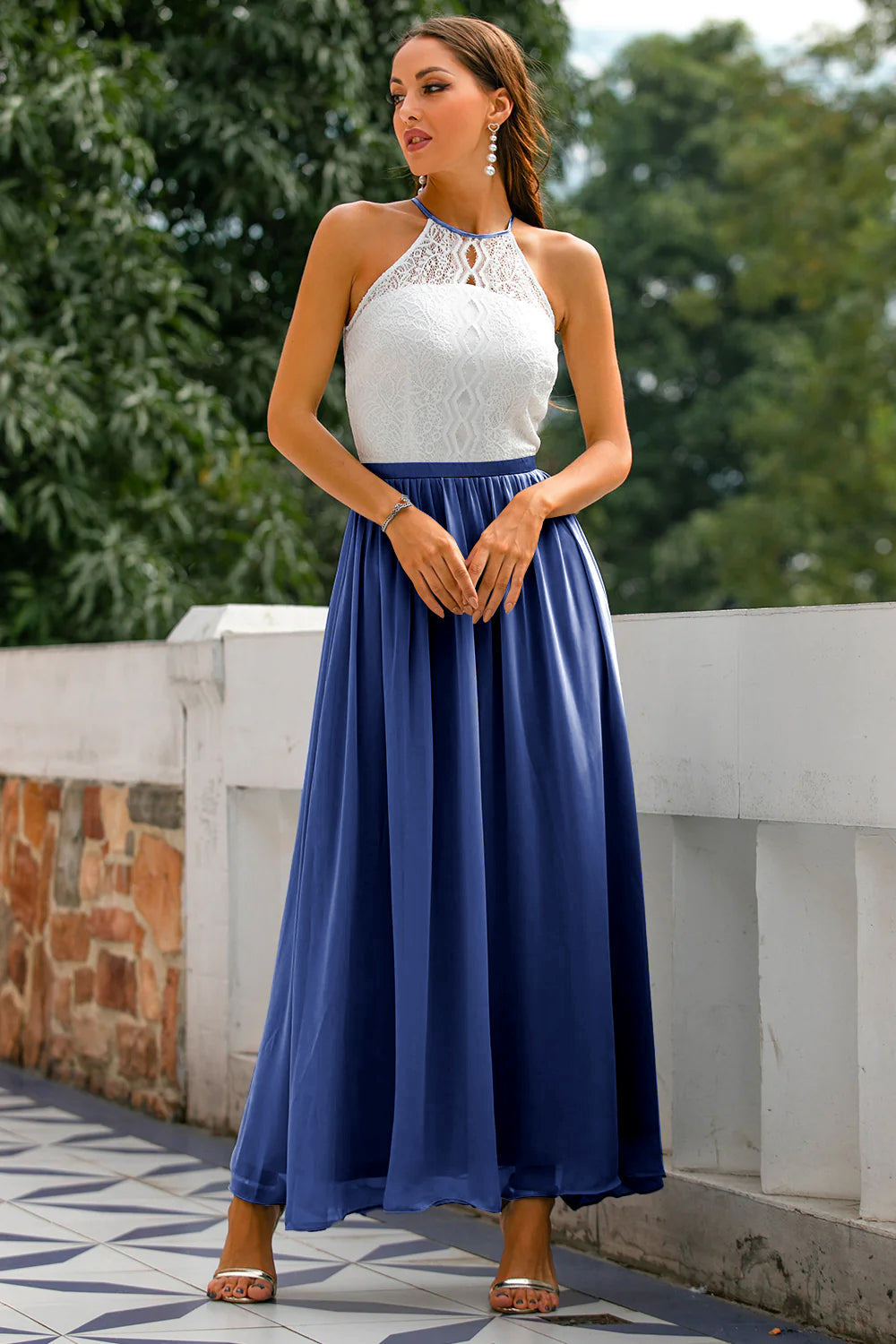 Sleek A-line women's halter maxi dress, a beautiful formal and elegant choice for wedding guests.